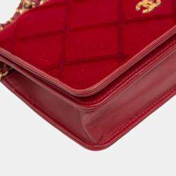Pre Owned Chanel Red CC Quilted Velvet Wallet on Chain