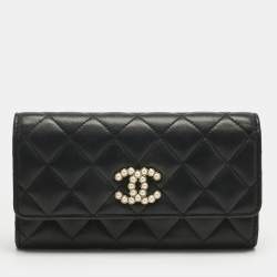 Pre Owned Chanel Black Quilted Leather CC Pearl Flap Wallet