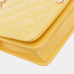 Pre Owned Chanel Yellow Quilted Lambskin Boy Wallet On Chain