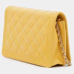 Pre Owned Chanel Yellow Quilted Lambskin Boy Wallet On Chain