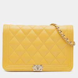 Pre Owned Chanel Yellow Quilted Lambskin Boy Wallet On Chain