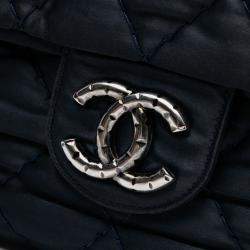 Pre Owned Chanel Navy Blue Extra Large CC Quilted Satin Single Flap