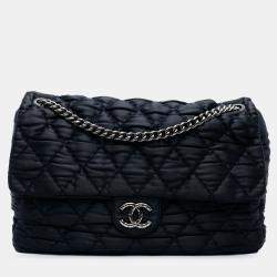 Pre Owned Chanel Navy Blue Extra Large CC Quilted Satin Single Flap