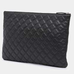 Pre Owned Chanel Black Large Quilted Lambskin Double Stitch O Case Clutch