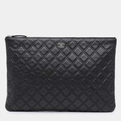 Pre Owned Chanel Black Large Quilted Lambskin Double Stitch O Case Clutch