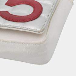 Pre Owned Chanel White CC Canvas and Metallic Lambskin No. 5 Chain Flap