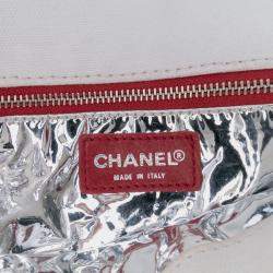 Pre Owned Chanel White CC Canvas and Metallic Lambskin No. 5 Chain Flap