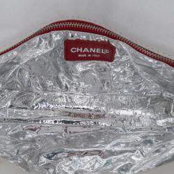 Pre Owned Chanel White CC Canvas and Metallic Lambskin No. 5 Chain Flap