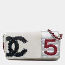 Pre Owned Chanel White CC Canvas and Metallic Lambskin No. 5 Chain Flap