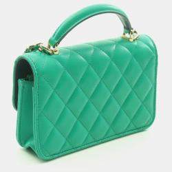 Pre Owned Chanel Green Leather Top Handle Flap Shoulder Bag