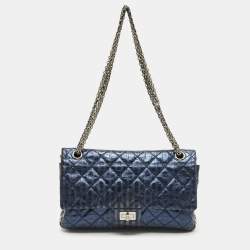 Pre Owned Chanel Metallic Blue Quilted Striped Leather Classic 226 Reissue 2.55 Flap Bag