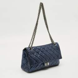 Pre Owned Chanel Metallic Blue Quilted Striped Leather Classic 226 Reissue 2.55 Flap Bag