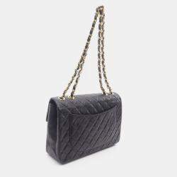 Pre Owned حقيبة كتف شانيل قلاب منفرد جامبو جلد الحملان السوداء