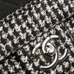 Pre Owned Chanel Black Medium Quilted Jersey and Tweed Chain Flap