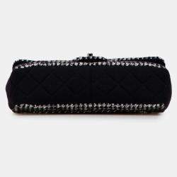 Pre Owned Chanel Black Medium Quilted Jersey and Tweed Chain Flap