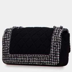 Pre Owned Chanel Black Medium Quilted Jersey and Tweed Chain Flap