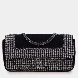 Pre Owned Chanel Black Medium Quilted Jersey and Tweed Chain Flap
