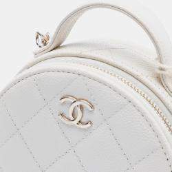 Pre Owned Chanel White Quilted Caviar Handle With Care Round Vanity Case with Chain