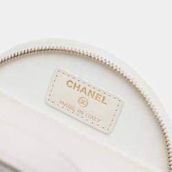 Pre Owned Chanel White Quilted Caviar Handle With Care Round Vanity Case with Chain