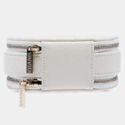 Pre Owned Chanel White Quilted Caviar Handle With Care Round Vanity Case with Chain