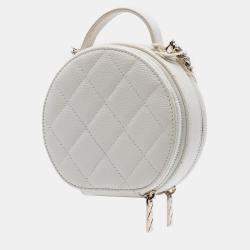 Pre Owned Chanel White Quilted Caviar Handle With Care Round Vanity Case with Chain