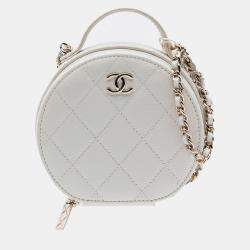 Pre Owned Chanel White Quilted Caviar Handle With Care Round Vanity Case with Chain