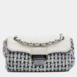 Pre Owned Chanel Black/White Tweed and Calfskin Woven Single Flap