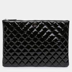 Pre Owned Chanel Black Large Quilted Patent O Case Clutch