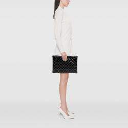 Pre Owned Chanel Black Large Quilted Patent O Case Clutch