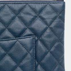 Pre Owned Chanel Navy Blue Medium Quilted Caviar O Case Clutch