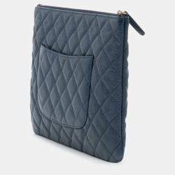 Pre Owned Chanel Navy Blue Medium Quilted Caviar O Case Clutch