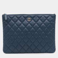 Pre Owned Chanel Navy Blue Medium Quilted Caviar O Case Clutch