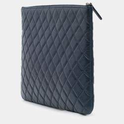 Pre Owned Chanel Blue Large Quilted Lambskin O Case Clutch