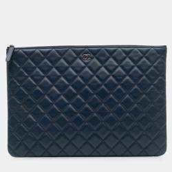 Pre Owned Chanel Blue Large Quilted Lambskin O Case Clutch