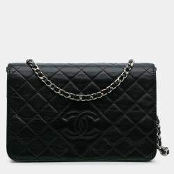 Pre Owned Chanel Black CC Quilted Lambskin Wallet On Chain