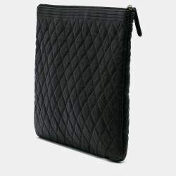 Pre Owned Chanel Black Large Lambskin Boy O Case Clutch