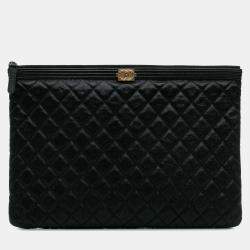 Pre Owned Chanel Black Large Lambskin Boy O Case Clutch