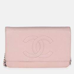 Pre Owned Chanel Pink Quilted Caviar Timeless CC Classic Wallet On Chain