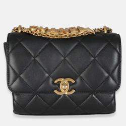 Pre Owned Chanel Black Quilted Lambskin Small CC Crystal Logo Chain Flap Bag