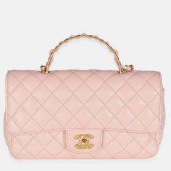 Pre Owned Chanel Light Pink Quilted Lambskin Small Metal Top Handle Flap Bag
