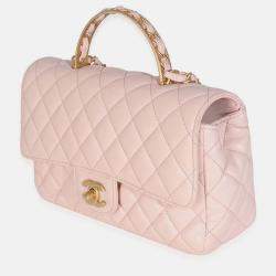Pre Owned Chanel Light Pink Quilted Lambskin Small Metal Top Handle Flap Bag