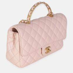 Pre Owned Chanel Light Pink Quilted Lambskin Small Metal Top Handle Flap Bag
