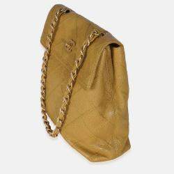 Pre Owned Chanel Beige Quilted Caviar Chain Flap Shoulder Bag