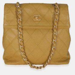 Pre Owned Chanel Beige Quilted Caviar Chain Flap Shoulder Bag