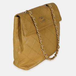 Pre Owned Chanel Beige Quilted Caviar Chain Flap Shoulder Bag