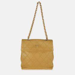 Pre Owned Chanel Beige Quilted Caviar Chain Flap Shoulder Bag