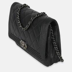 Pre Owned Chanel Black Quilted Lambskin Boy Wallet On Chain