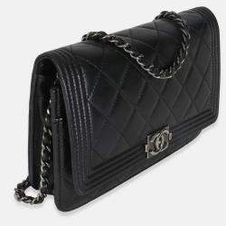 Pre Owned Chanel Black Quilted Lambskin Boy Wallet On Chain