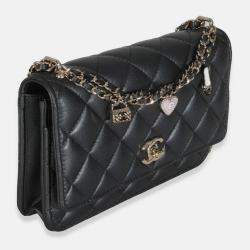 Pre Owned Chanel Black Pearly Quilted Lambskin Charms Wallet On Chain