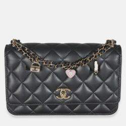 Pre Owned Chanel Black Pearly Quilted Lambskin Charms Wallet On Chain